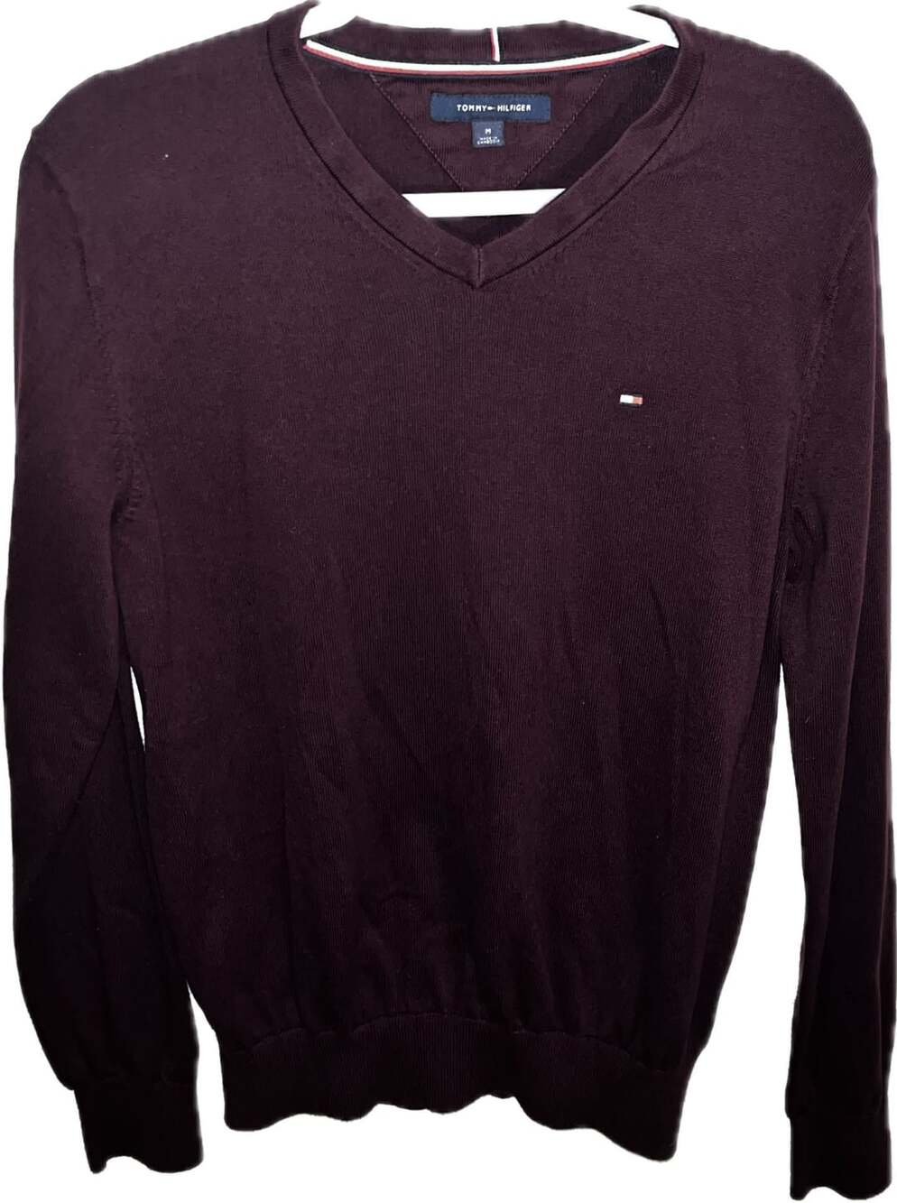 Tommy Hilfiger V-Neck Sweater Size M Burgundy Cotton